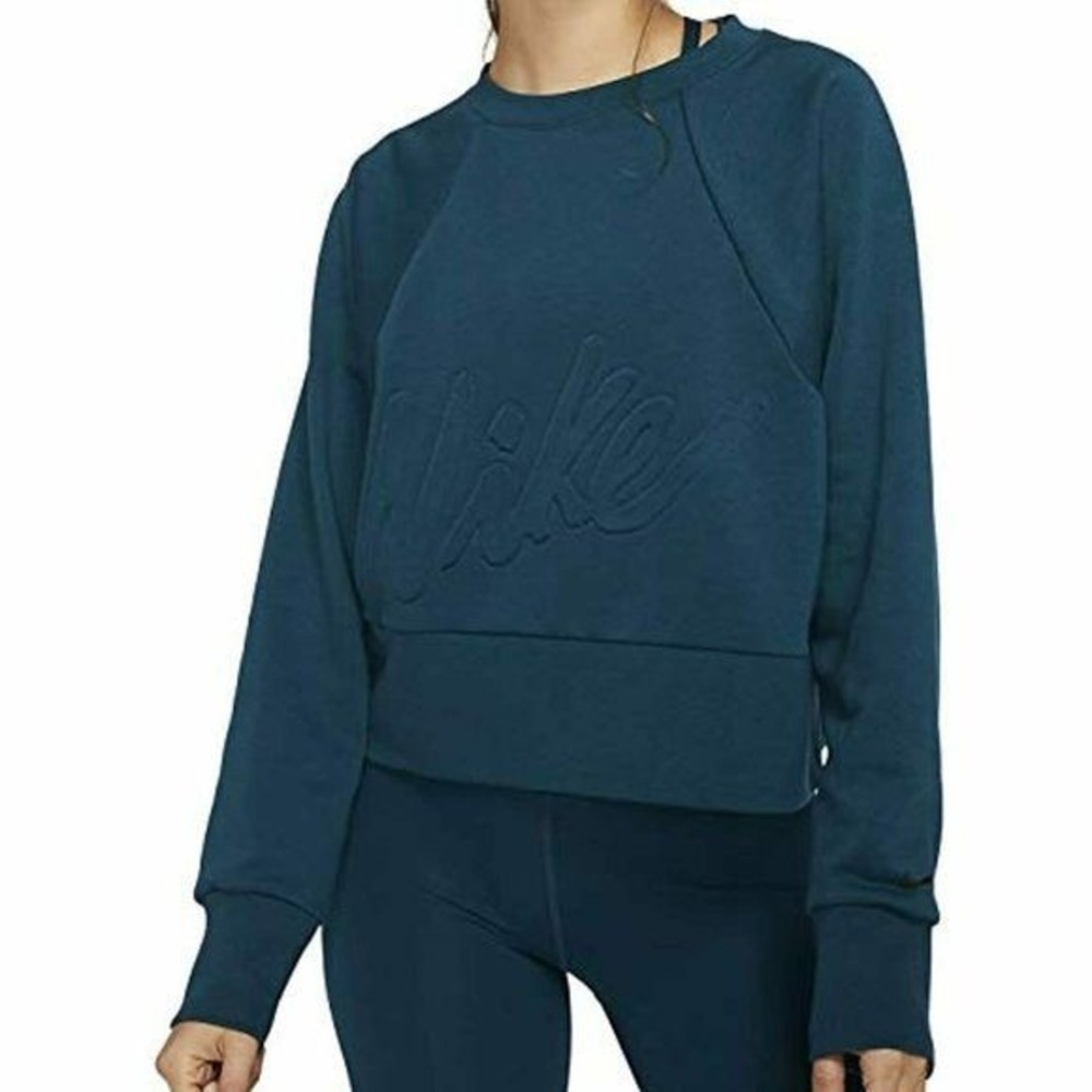 Nike Dri-FIT Women Cropped Sweatshirt Teal Blue Embossed Script Logo Large
